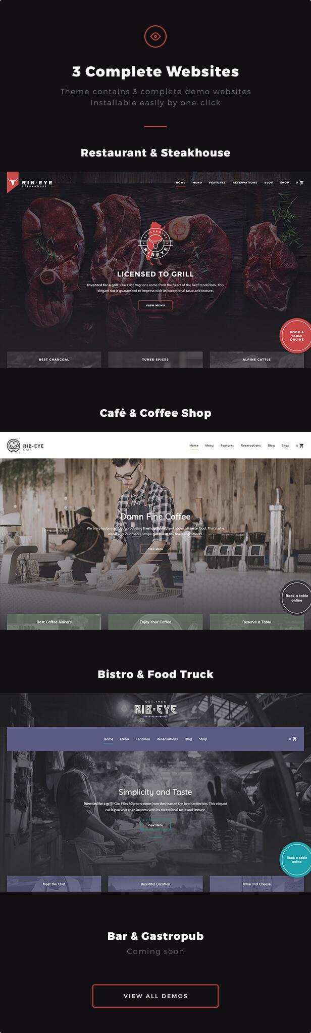 3 Complete Websites: Theme contains 3 complete demo websites installable easily by one-click - Restaurant & Steakhouse, Café & Coffee Shop, Bistro & Food Truck